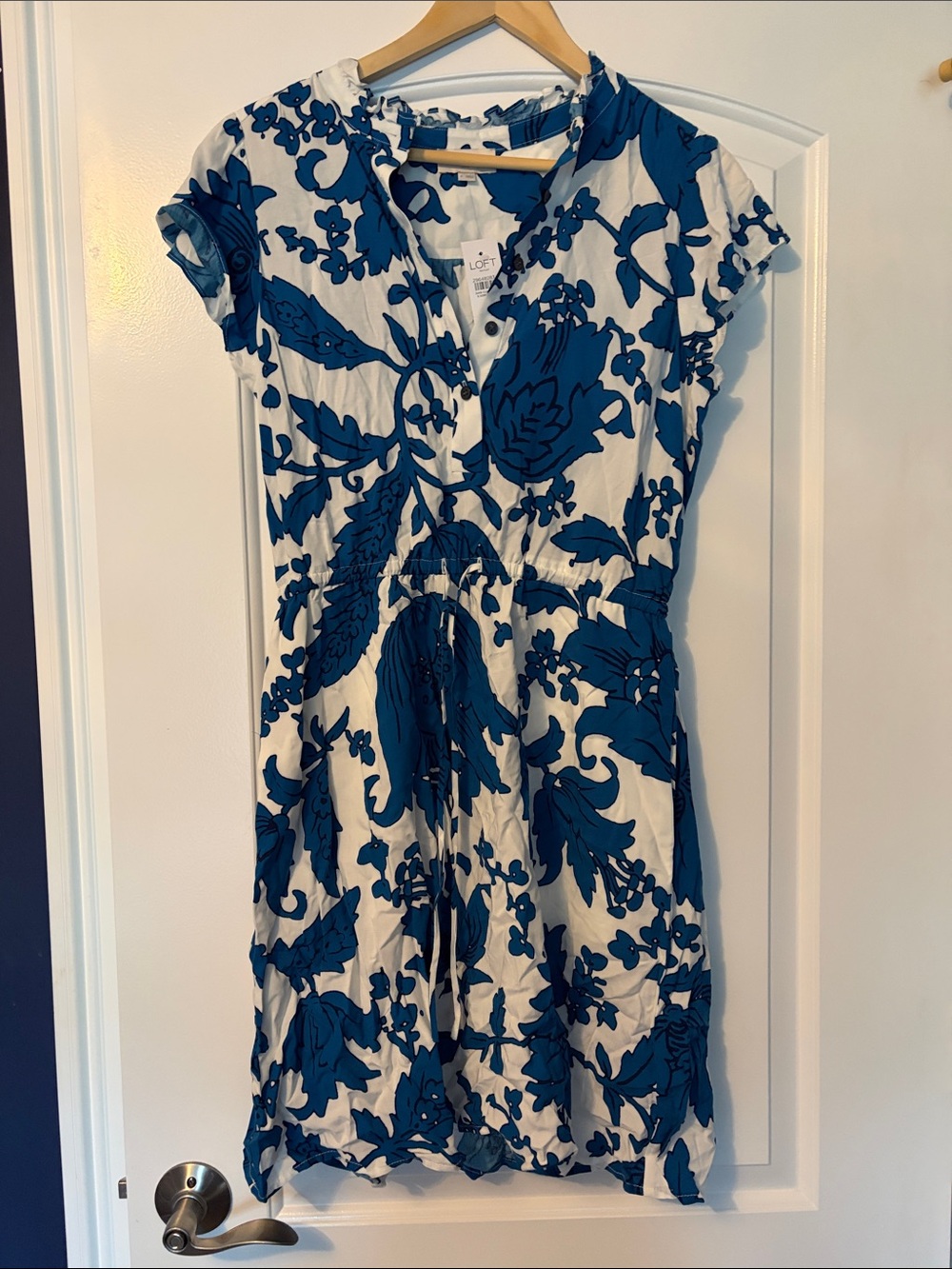 LOFT White Dress with Blue Floral Print